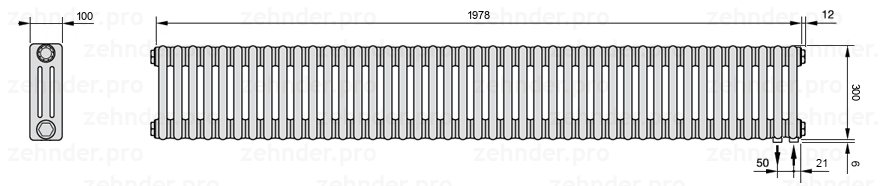Схема (чертеж) Радиатор Zehnder Charleston 3030/43 №5510 Белый глянцевый RAL 9016